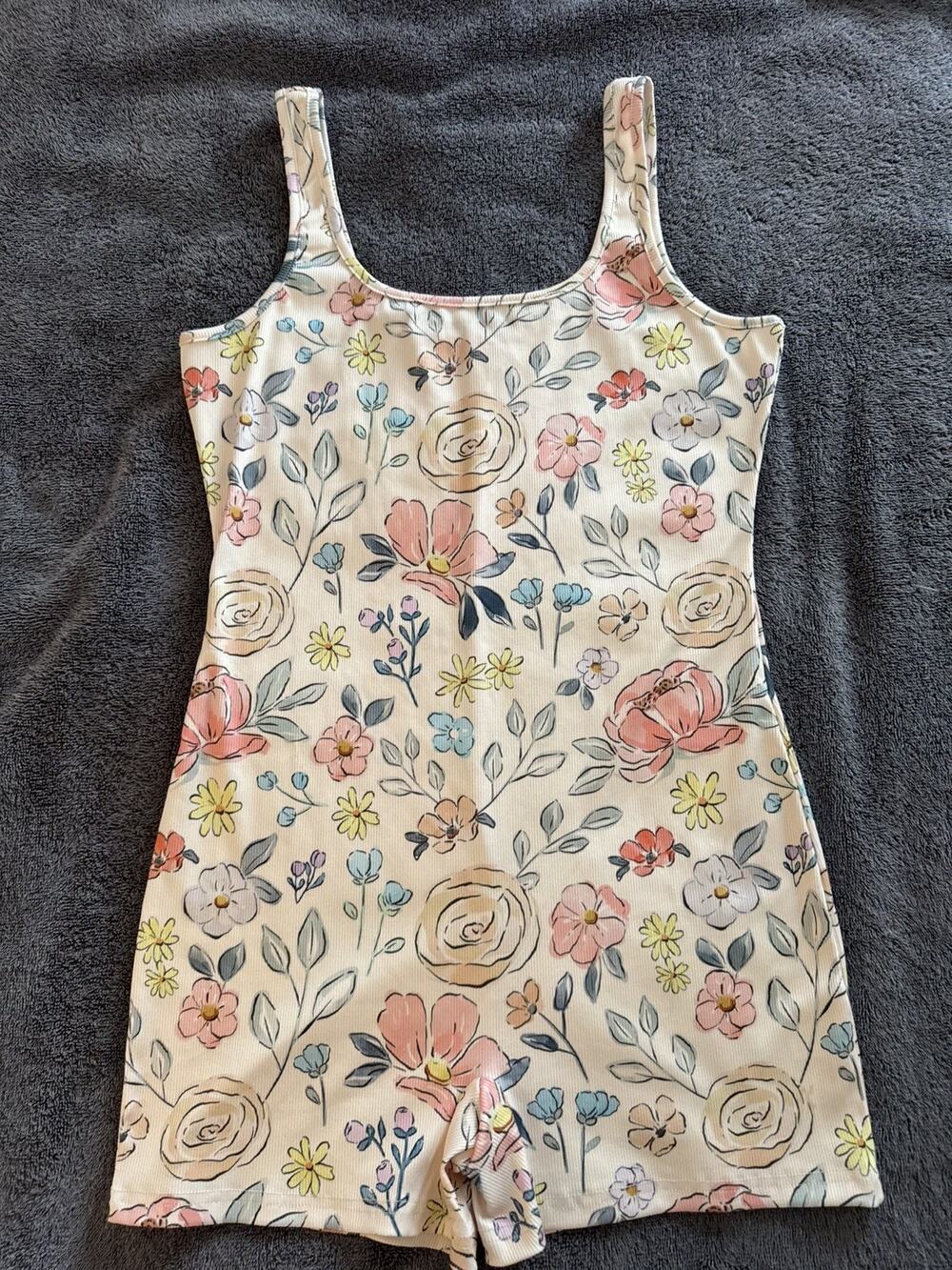 Women’s Floral Romper Rib-knit Cottagecore Coquette Soft Girl Botanical Pilates